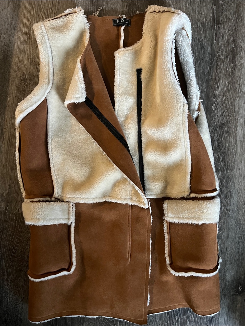 POL Cream and Brown Faux Shearling Vest